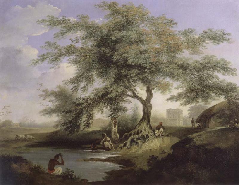 unknow artist Natives Drawing Water form a pond with Warren Hastings-House at Alipur in the Distance China oil painting art